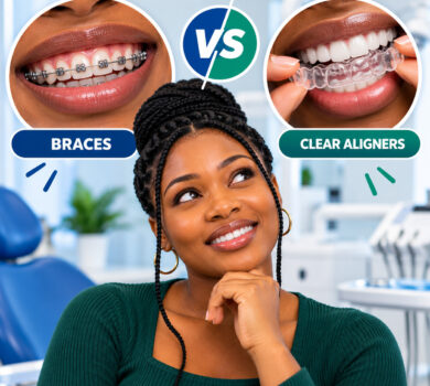 Braces vs clear aligners in Nigeria showing traditional metal braces and transparent teeth aligners