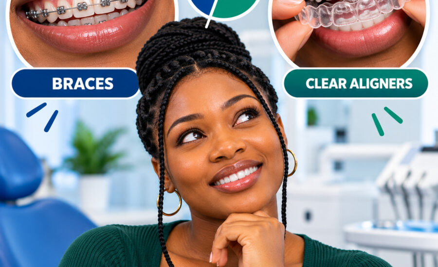 Braces vs clear aligners in Nigeria showing traditional metal braces and transparent teeth aligners