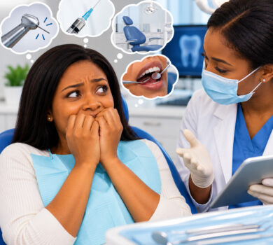 Fear of the dentist showing a nervous patient speaking with a dentist during a consultation