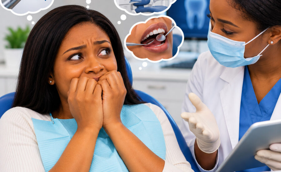Fear of the dentist showing a nervous patient speaking with a dentist during a consultation