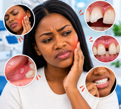 Dental warning signs including a chipped tooth and painful gums during a dental examination