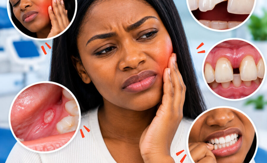 Dental warning signs including a chipped tooth and painful gums during a dental examination