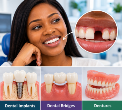 Tooth replacement options in Nigeria showing a dental implant, bridge and removable denture
