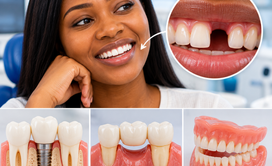 Tooth replacement options in Nigeria showing a dental implant, bridge and removable denture