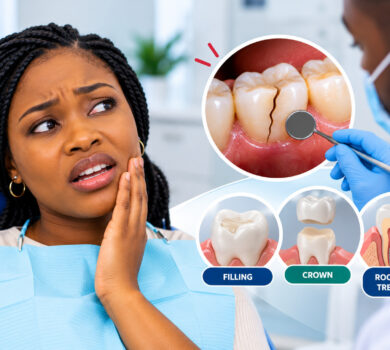 Cracked tooth treatment showing a dentist examining a damaged tooth and discussing restorative options