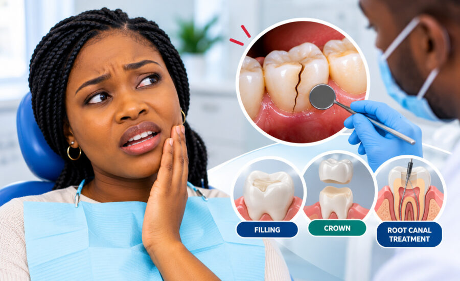 Cracked tooth treatment showing a dentist examining a damaged tooth and discussing restorative options