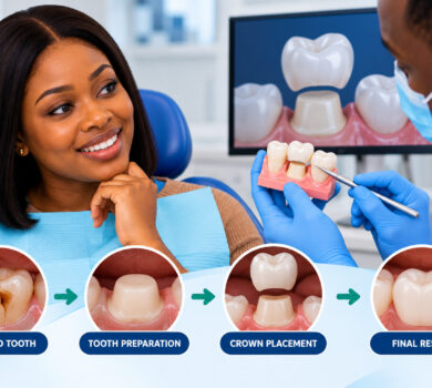 Dental crown treatment in Nigeria showing a dentist examining a damaged tooth and explaining crown restoration