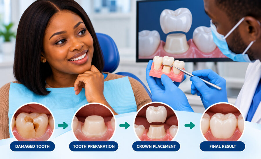 Dental crown treatment in Nigeria showing a dentist examining a damaged tooth and explaining crown restoration