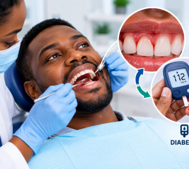 Diabetes and gum disease showing a dentist examining a patient's gums during a dental check-up