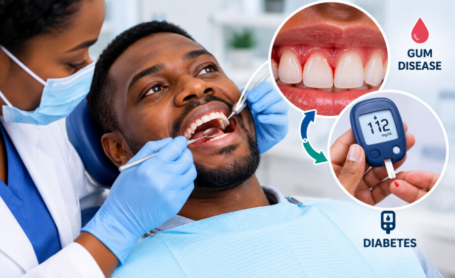 Diabetes and gum disease showing a dentist examining a patient's gums during a dental check-up